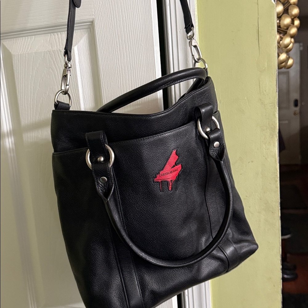 Carnegie Hall Black Leather Tote Bag with Red Logo-fits a computer or laptop. - Picture 2 of 10